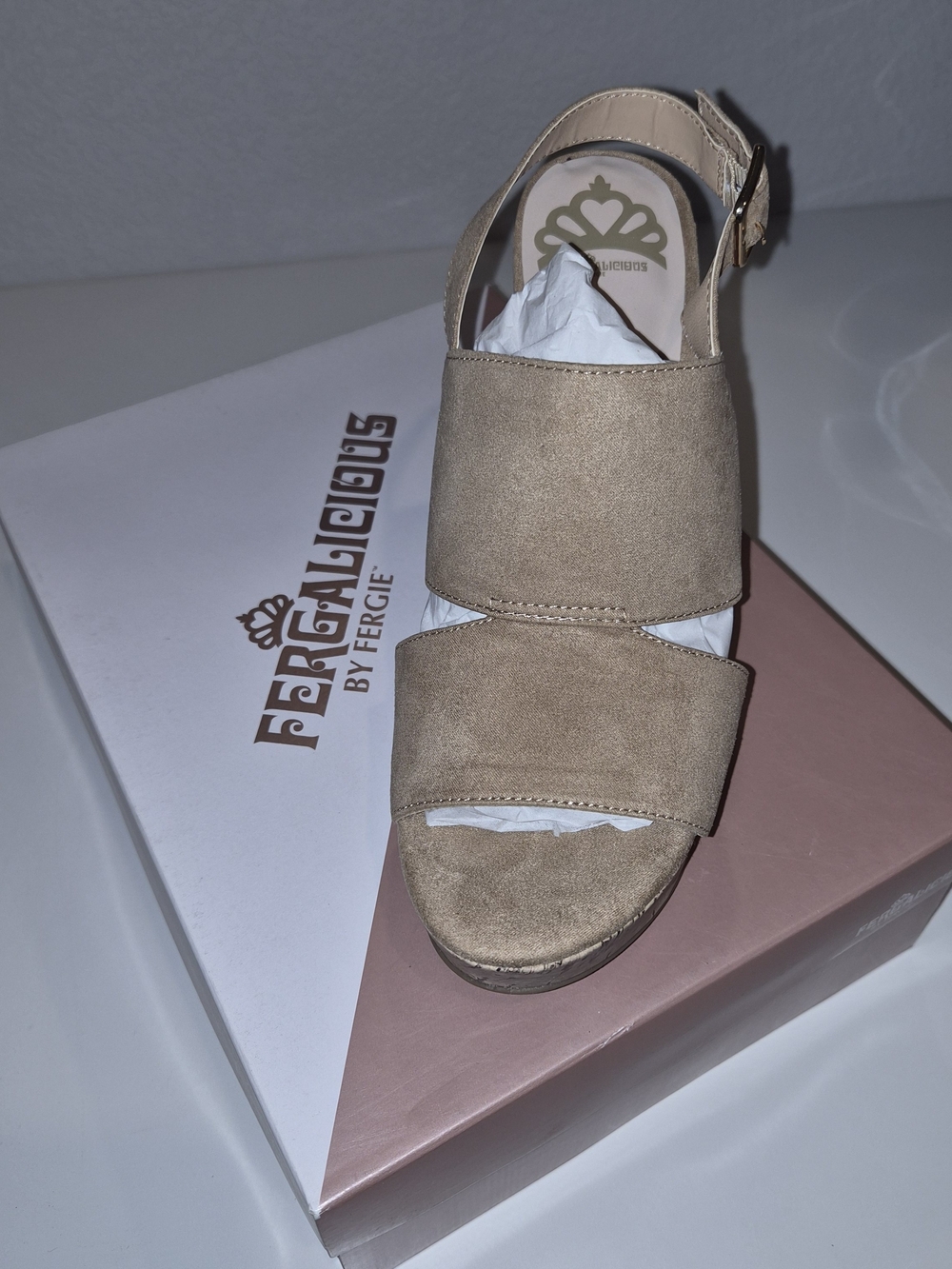 Fergalicious Beige Suede Double-Band Wedge Sandal